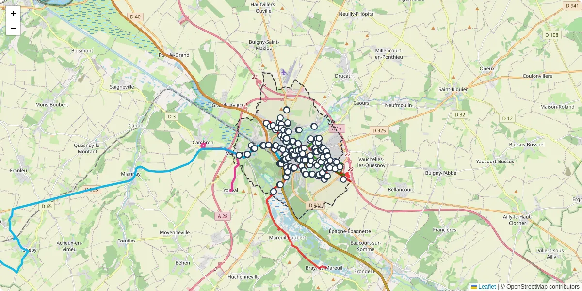 Carte du réseau de transport en commun à Abbeville - lignes de bus et arrêts