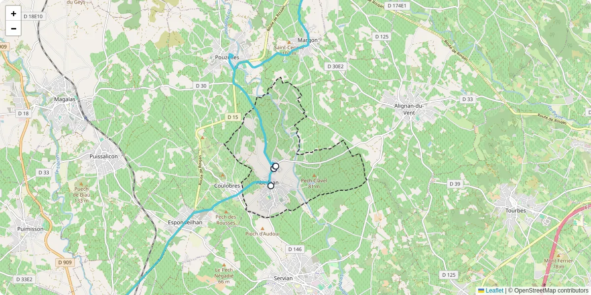 Carte du réseau de transport en commun à Abeilhan - lignes de bus et arrêts