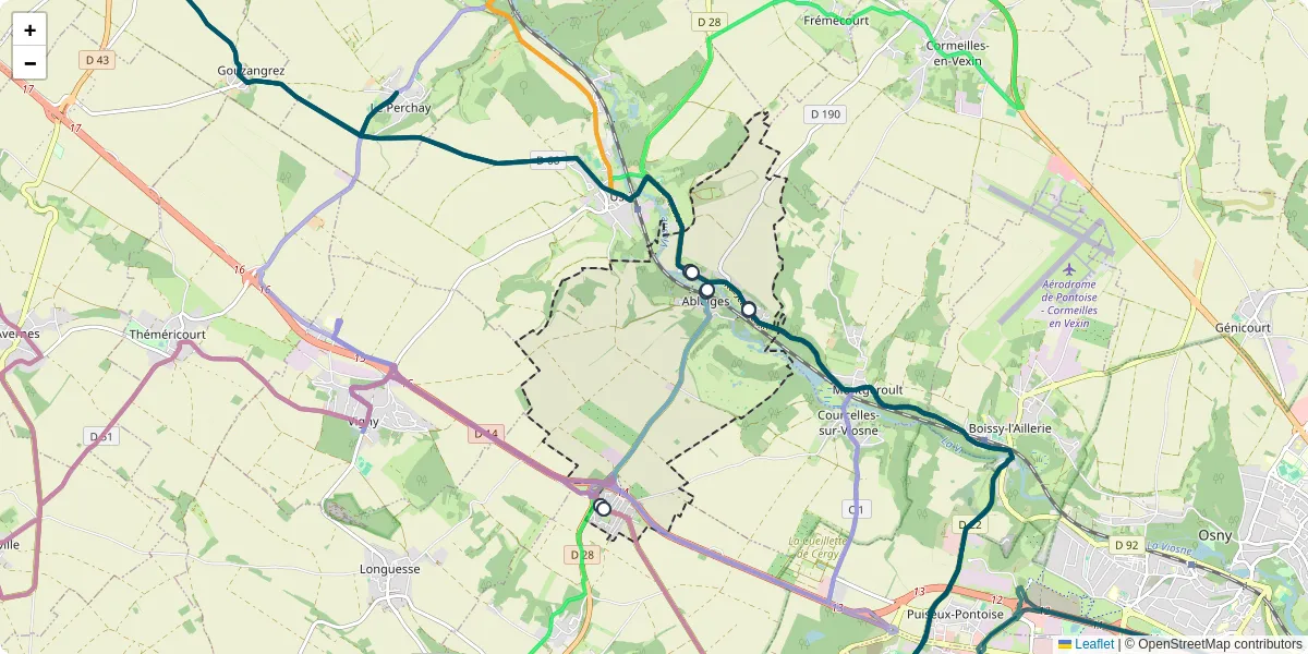 Carte du réseau de transport en commun à Ableiges - lignes de bus et arrêts