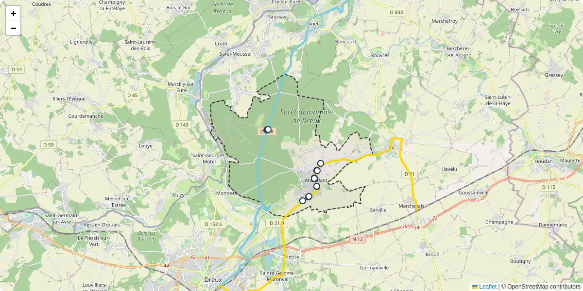 Carte du réseau de transport en commun à Abondant - lignes de bus et arrêts