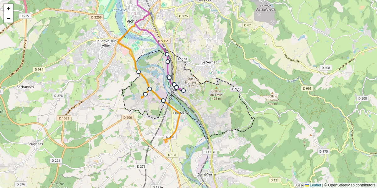 Carte du réseau de transport en commun à Abrest - lignes de bus et arrêts