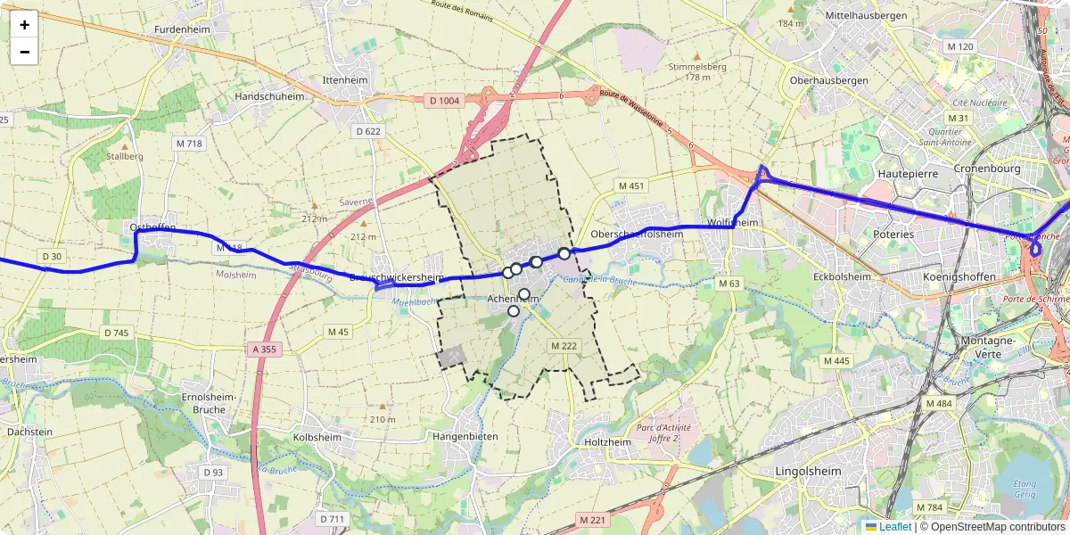 Carte du réseau de transport en commun à Achenheim - lignes de bus et arrêts