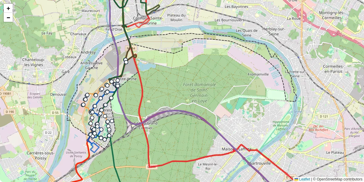 Carte du réseau de transport en commun à Achères - lignes de bus et arrêts