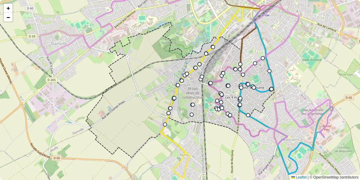 Carte du réseau de transport en commun à Achicourt - lignes de bus et arrêts