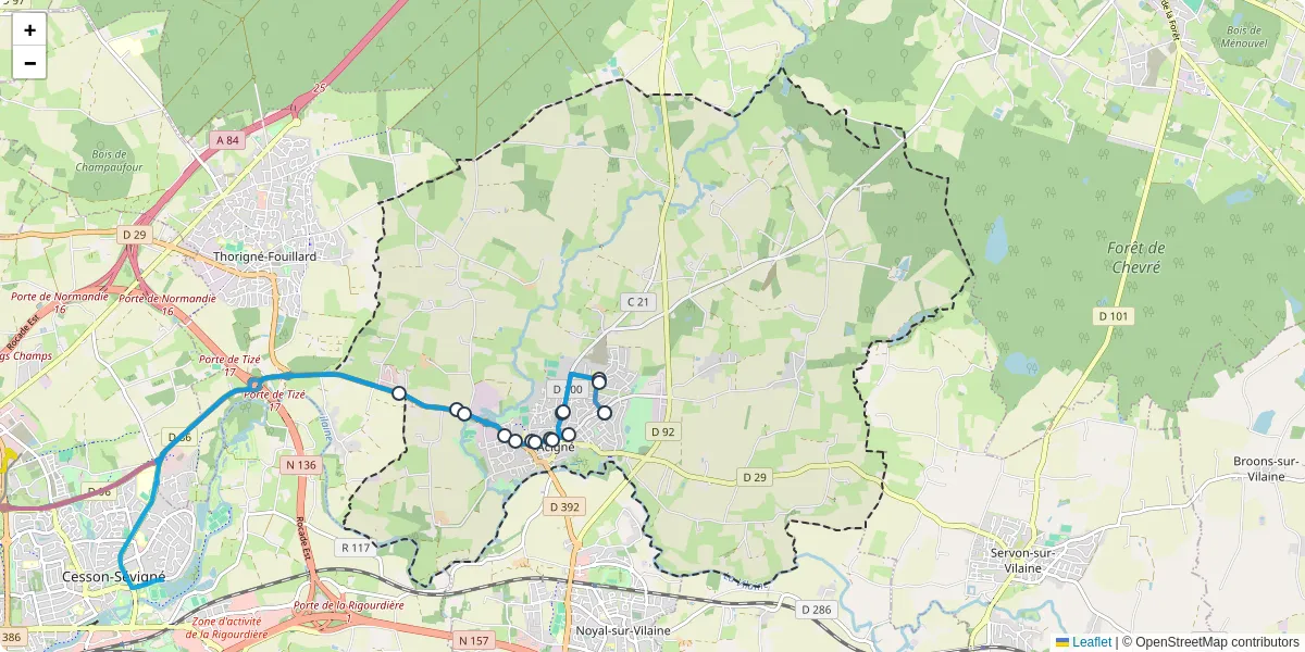 Carte du réseau de transport en commun à Acigné - lignes de bus et arrêts