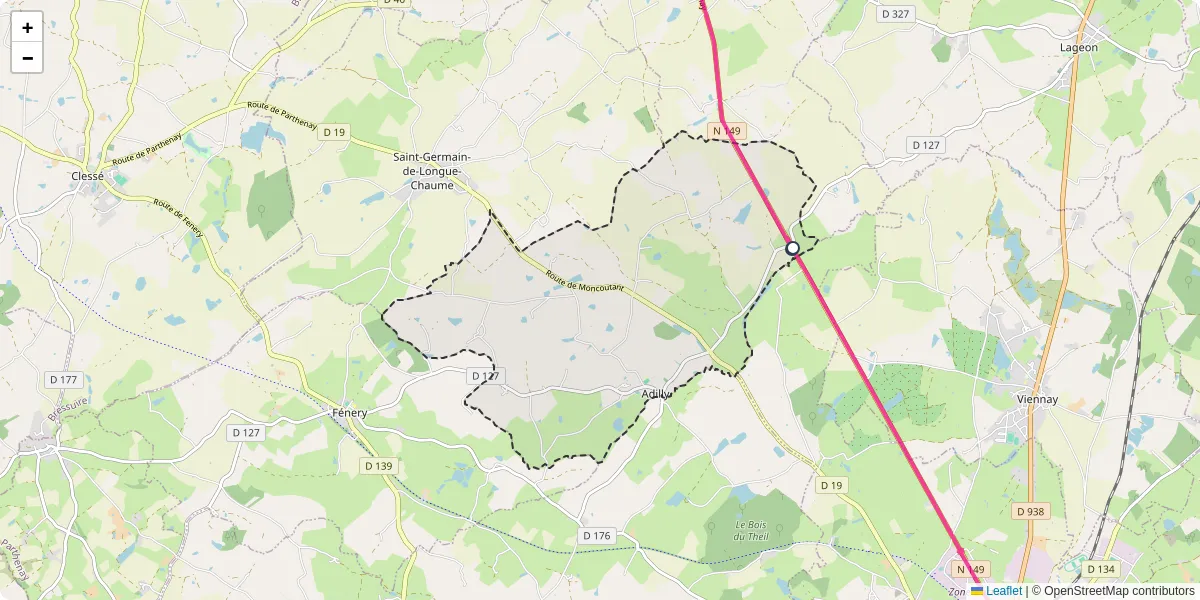 Carte du réseau de transport en commun à Adilly - lignes de bus et arrêts