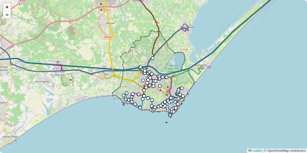 Carte du réseau de transport en commun à Agde - lignes de bus et arrêts