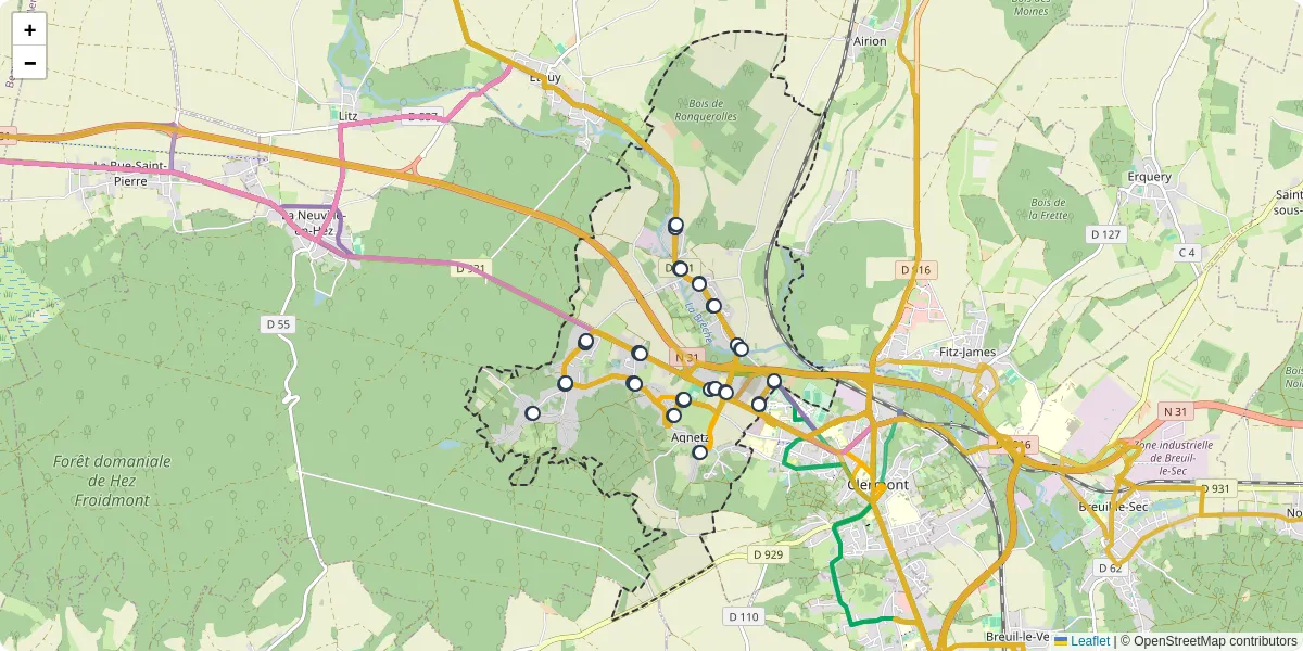 Carte du réseau de transport en commun à Agnetz - lignes de bus et arrêts