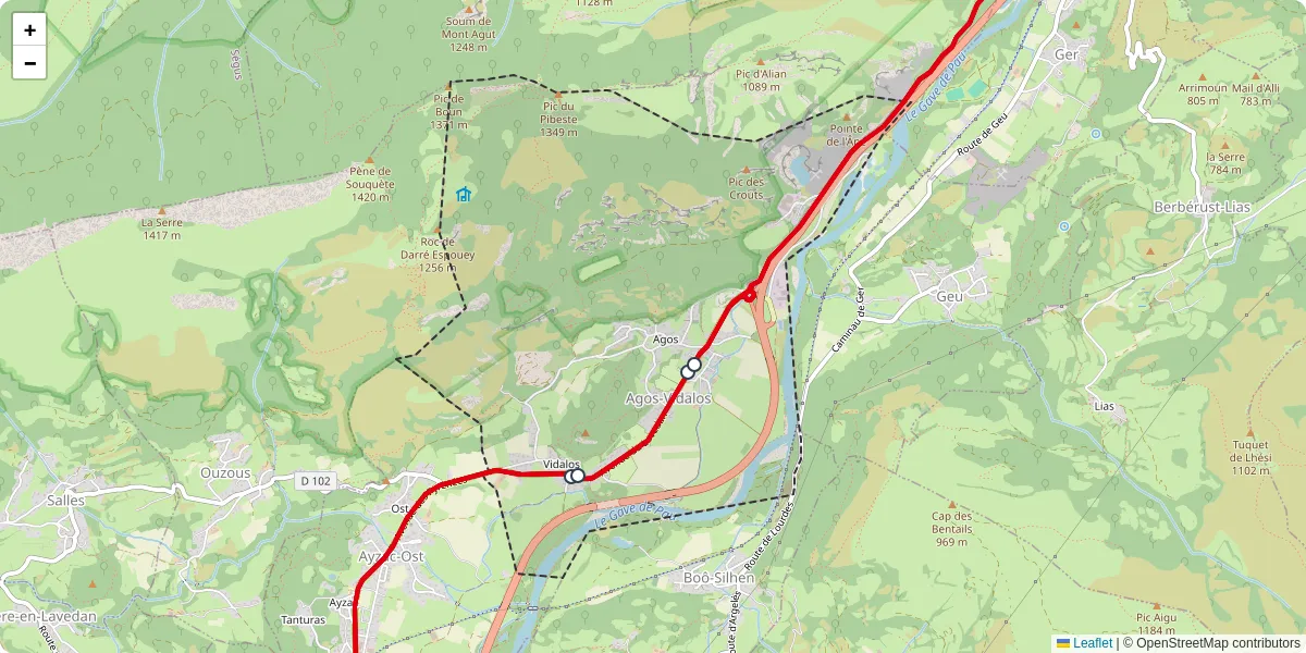 Carte du réseau de transport en commun à Agos-Vidalos - lignes de bus et arrêts