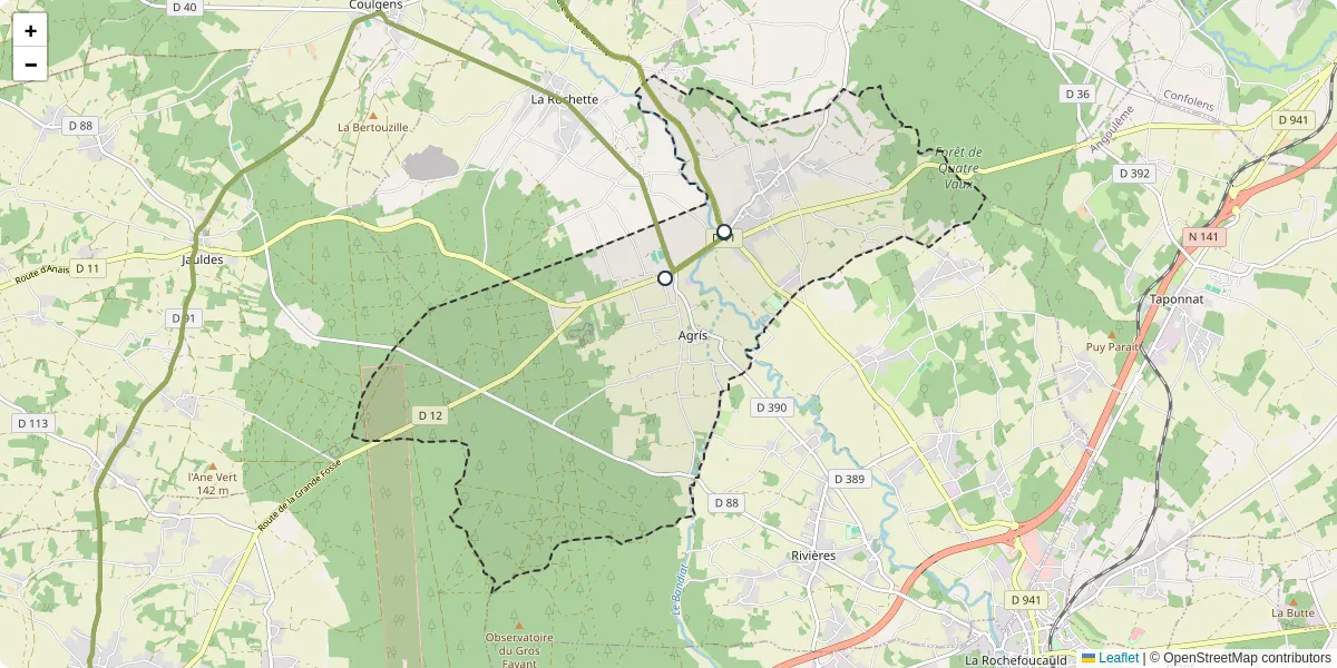 Carte du réseau de transport en commun à Agris - lignes de bus et arrêts