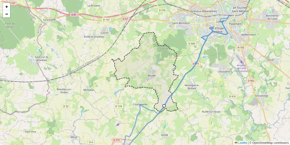 Carte du réseau de transport en commun à Ahuillé - lignes de bus et arrêts