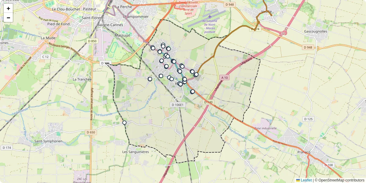 Carte du réseau de transport en commun à Aiffres - lignes de bus et arrêts