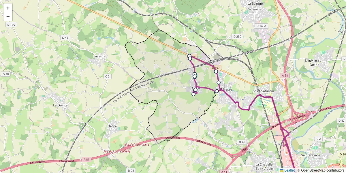 Carte du réseau de transport en commun à Aigné - lignes de bus et arrêts