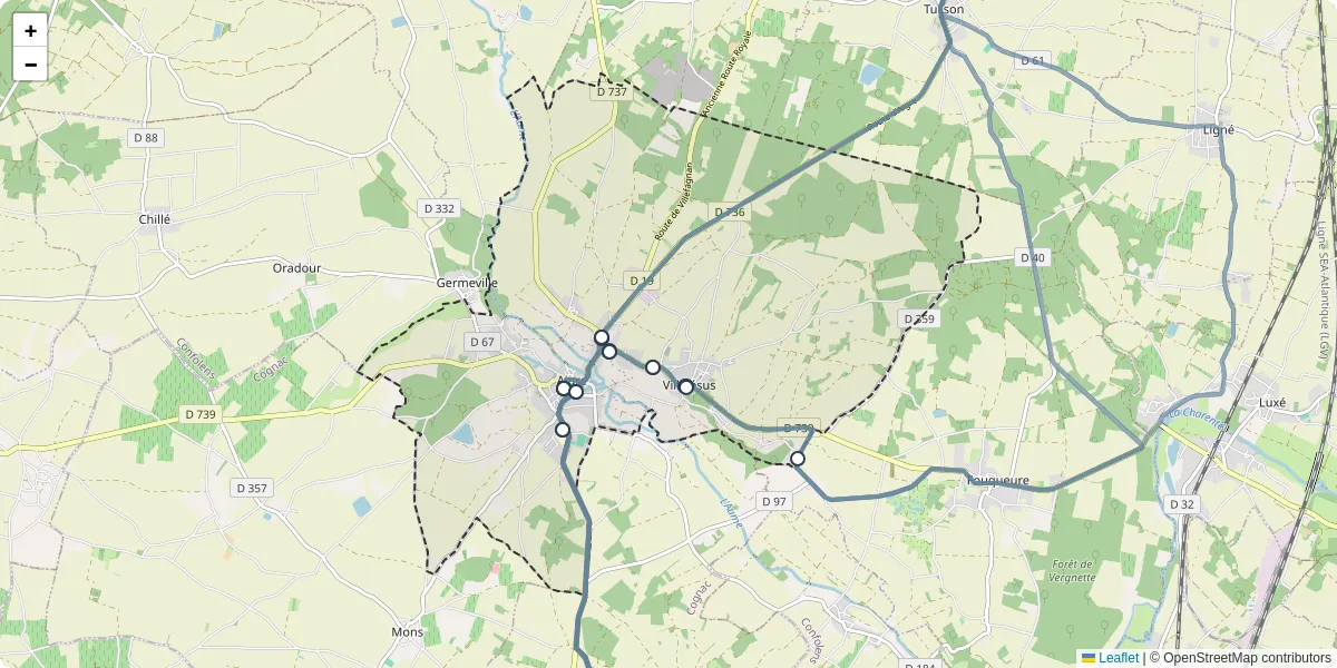 Carte du réseau de transport en commun à Aigre - lignes de bus et arrêts