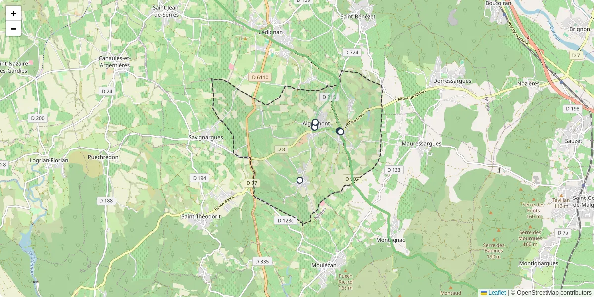 Carte du réseau de transport en commun à Aigremont - lignes de bus et arrêts