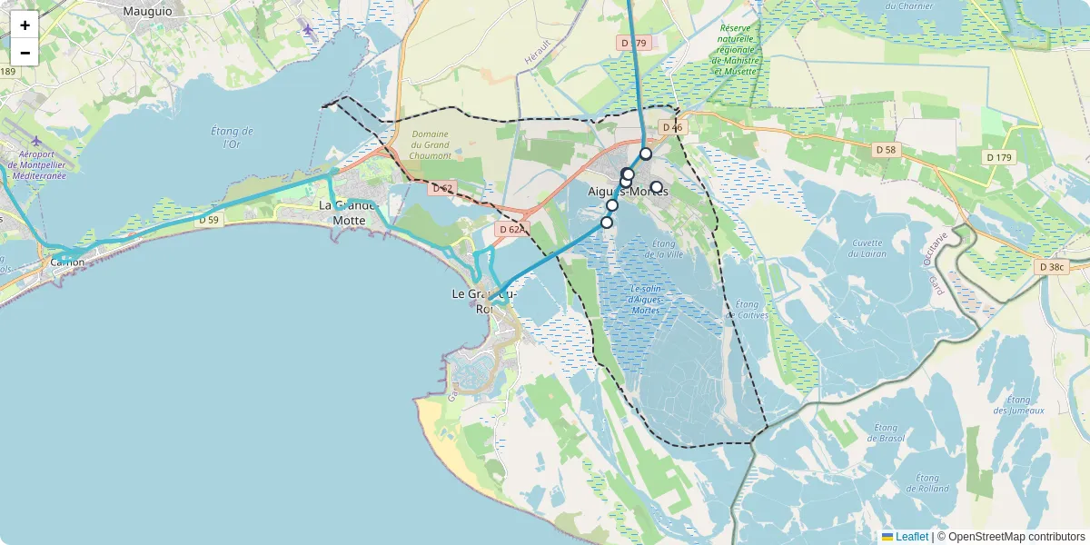 Carte du réseau de transport en commun à Aigues-Mortes - lignes de bus et arrêts