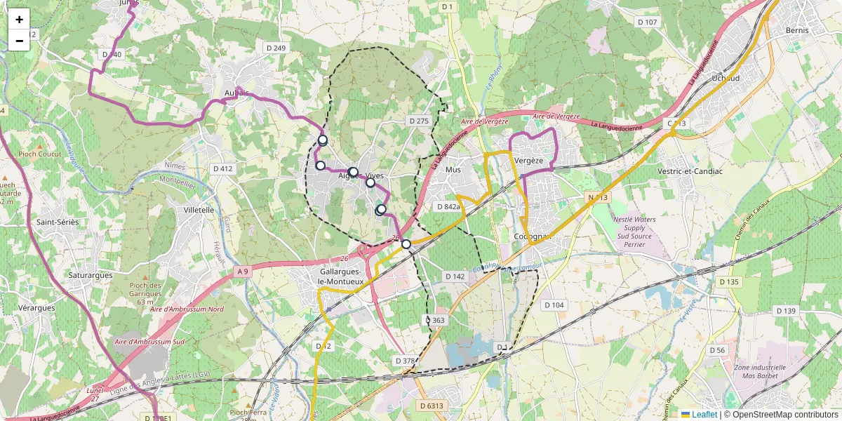 Carte du réseau de transport en commun à Aigues-Vives - lignes de bus et arrêts