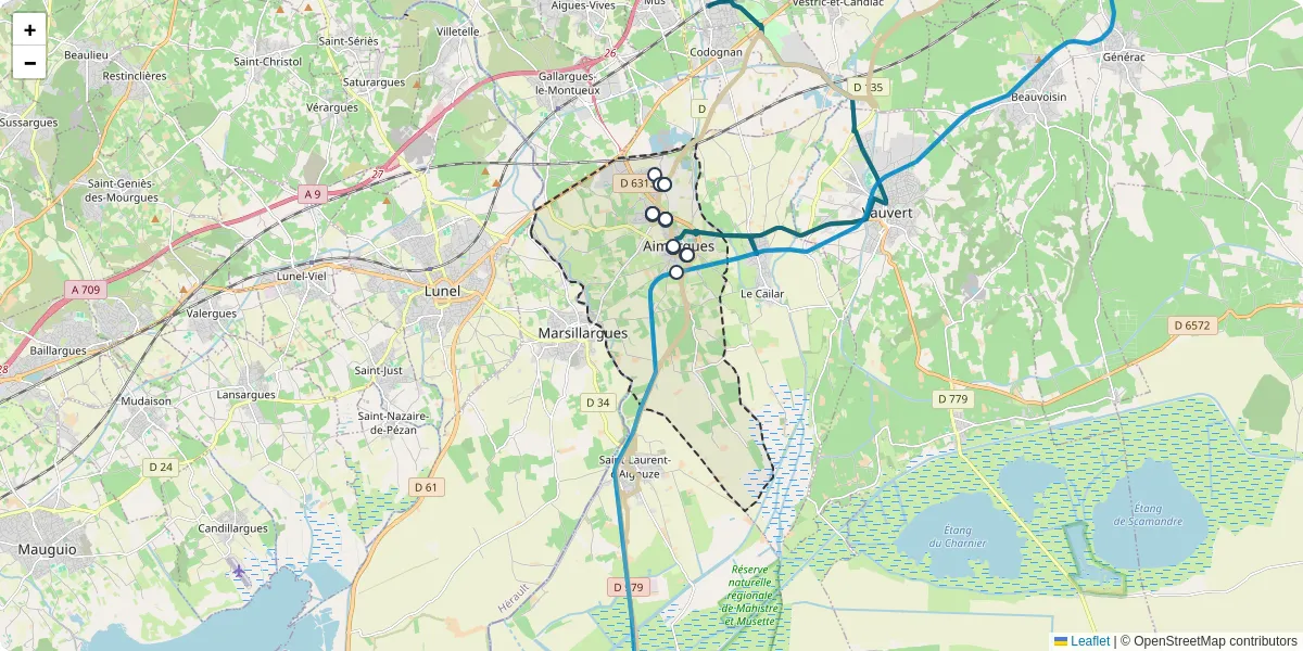 Carte du réseau de transport en commun à Aimargues - lignes de bus et arrêts