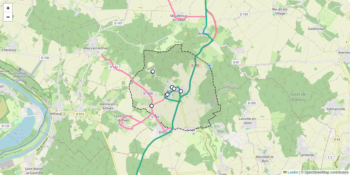 Carte du réseau de transport en commun à Aincourt - lignes de bus et arrêts