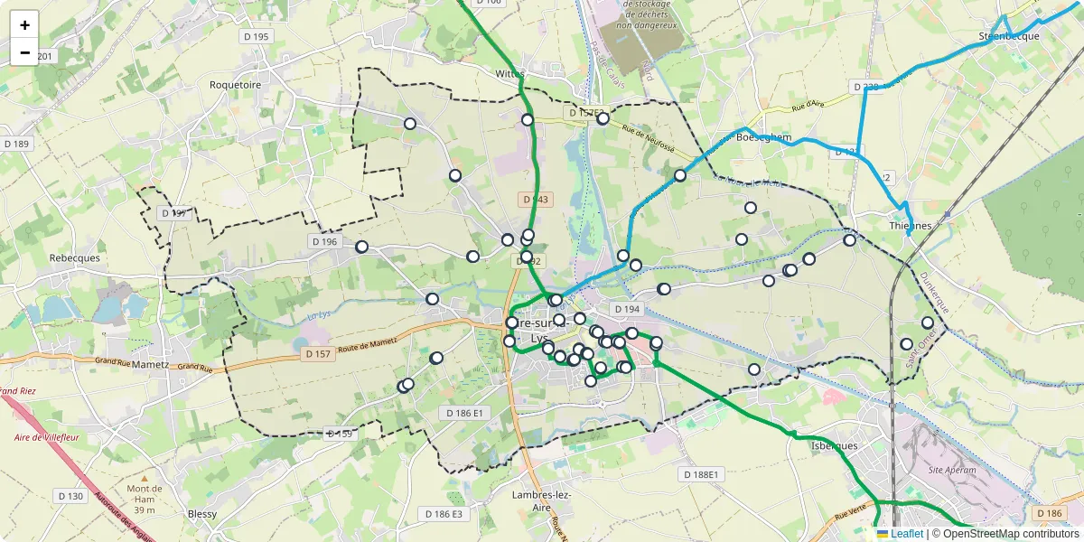 Carte du réseau de transport en commun à Aire-sur-la-Lys - lignes de bus et arrêts