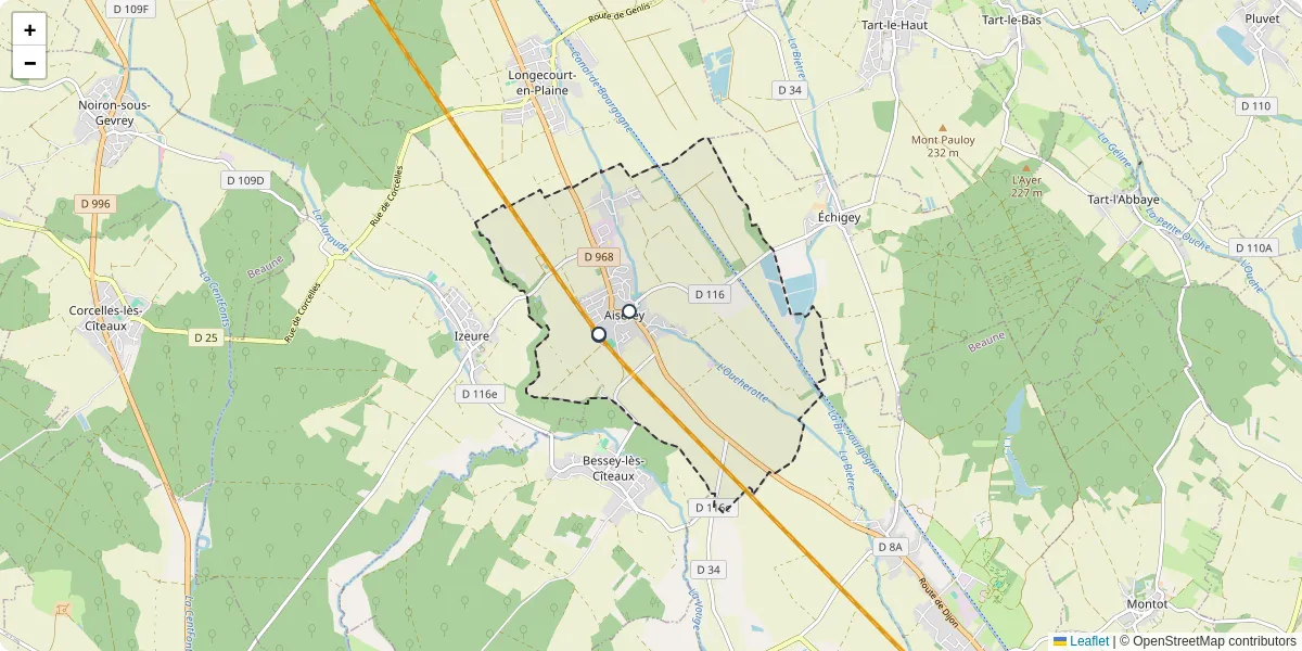 Carte du réseau de transport en commun à Aiserey - lignes de bus et arrêts