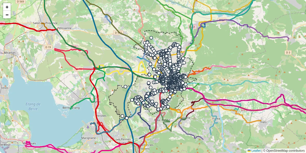 Carte du réseau de transport en commun à Aix-en-Provence - lignes de bus et arrêts