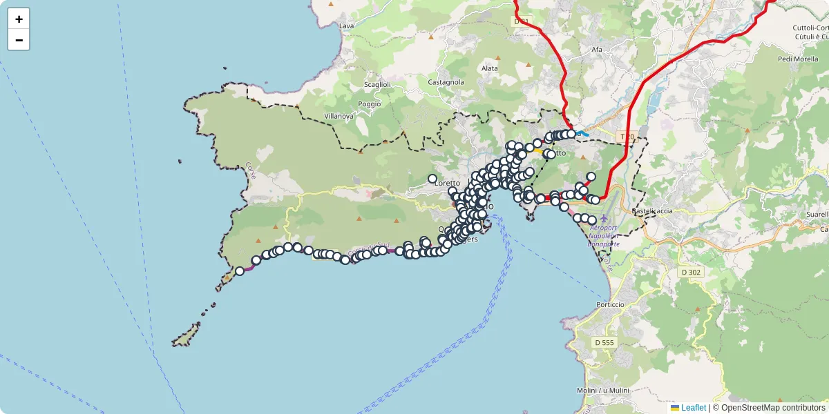 Carte du réseau de transport en commun à Ajaccio - lignes de bus et arrêts