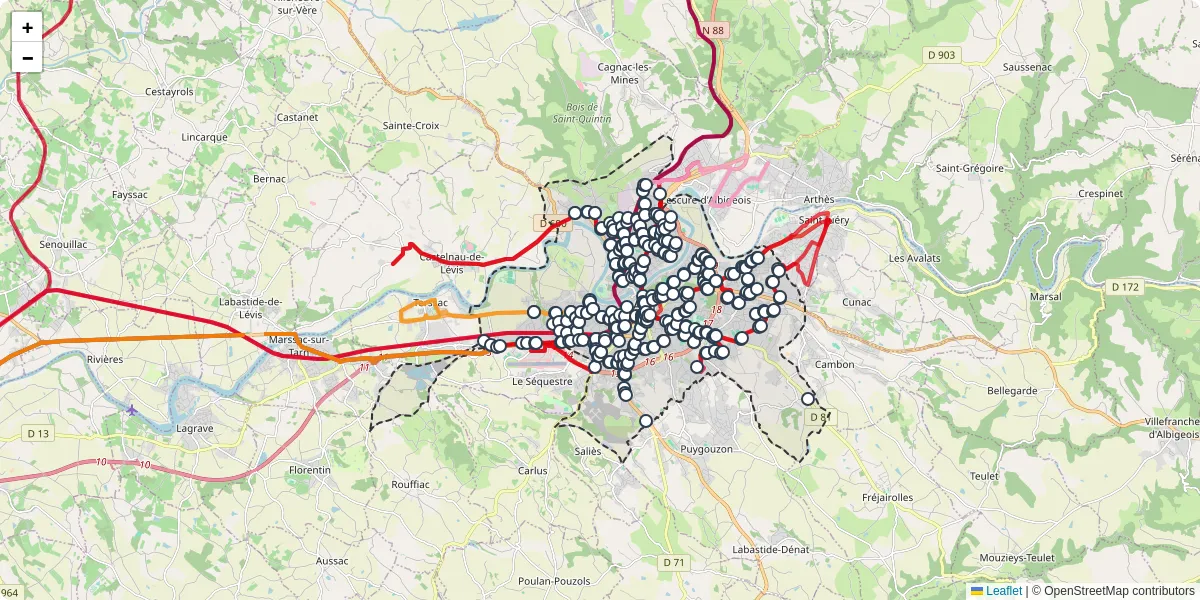 Carte du réseau de transport en commun à Albi - lignes de bus et arrêts