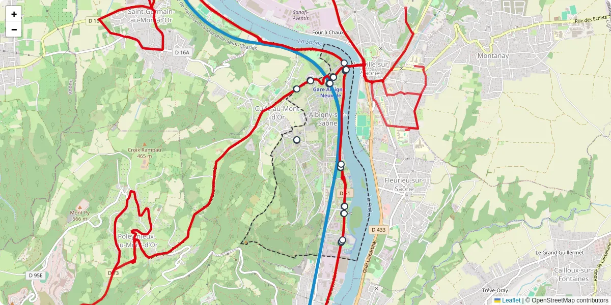 Carte du réseau de transport en commun à Albigny-sur-Saône - lignes de bus et arrêts