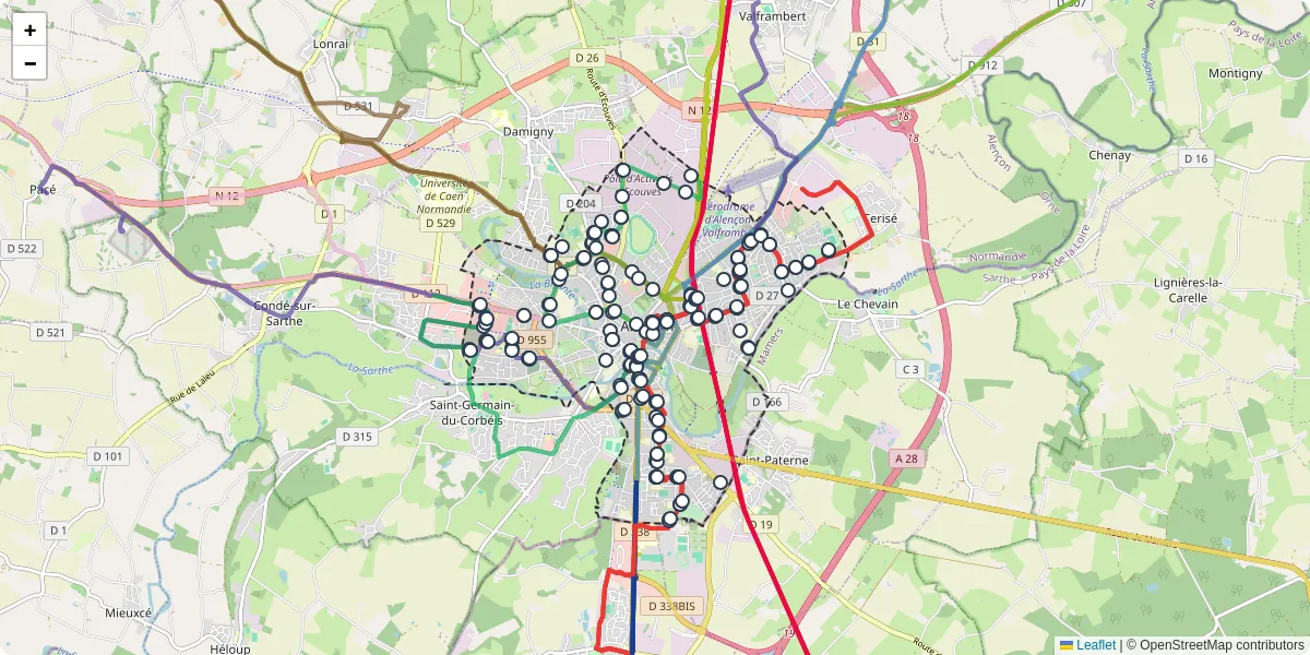Carte du réseau de transport en commun à Alençon - lignes de bus et arrêts