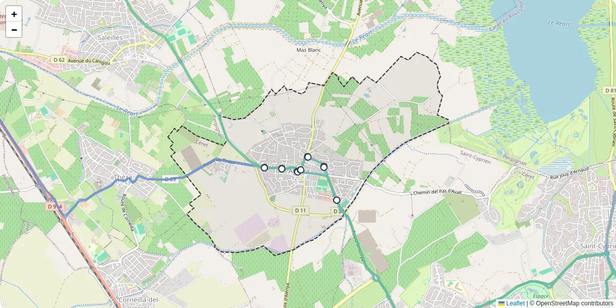 Carte du réseau de transport en commun à Alénya - lignes de bus et arrêts