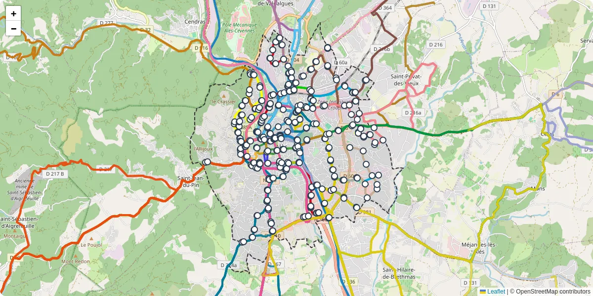 Carte du réseau de transport en commun à Alès - lignes de bus et arrêts