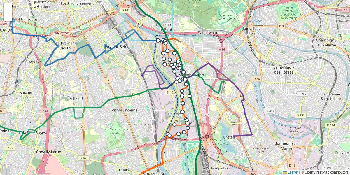 Carte du réseau de transport en commun à Alfortville - lignes de bus et arrêts