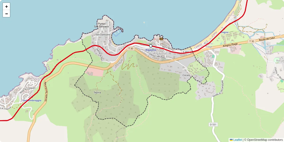 Carte du réseau de transport en commun à Algajola - lignes de bus et arrêts