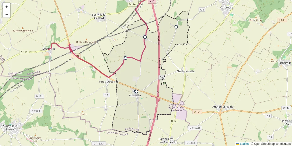 Carte du réseau de transport en commun à Allainville - lignes de bus et arrêts