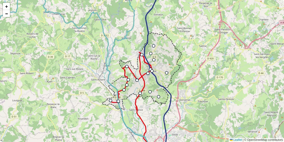 Carte du réseau de transport en commun à Allassac - lignes de bus et arrêts