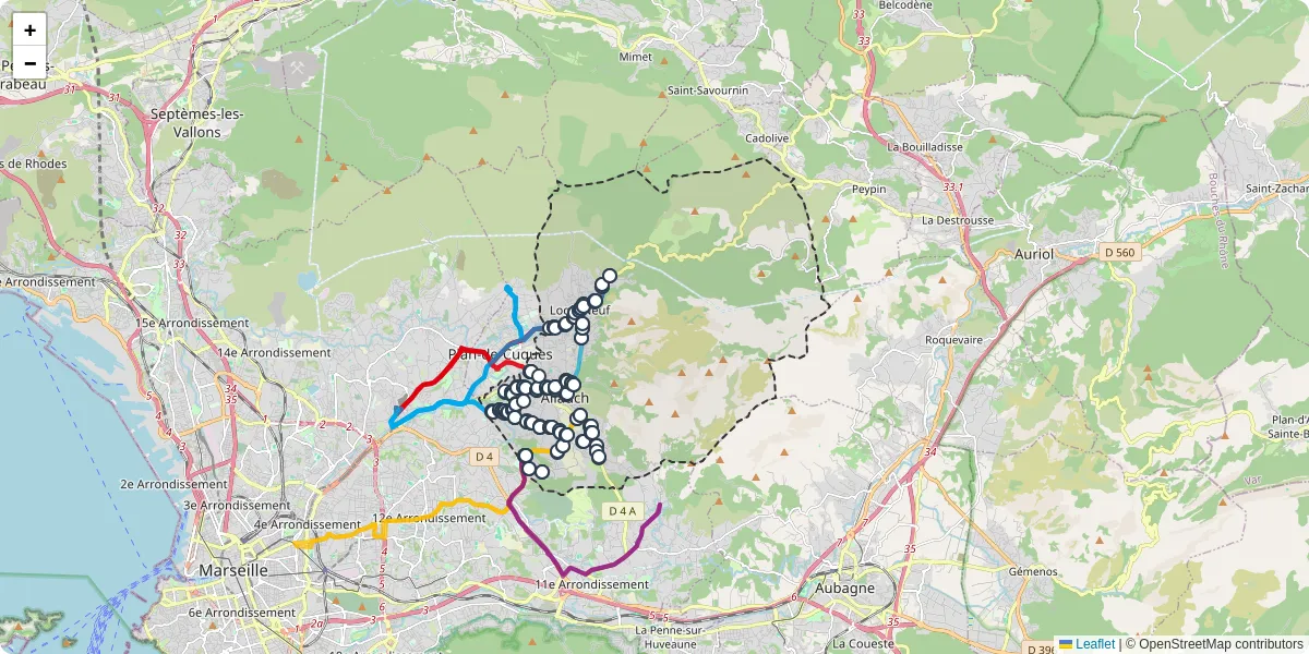 Carte du réseau de transport en commun à Allauch - lignes de bus et arrêts