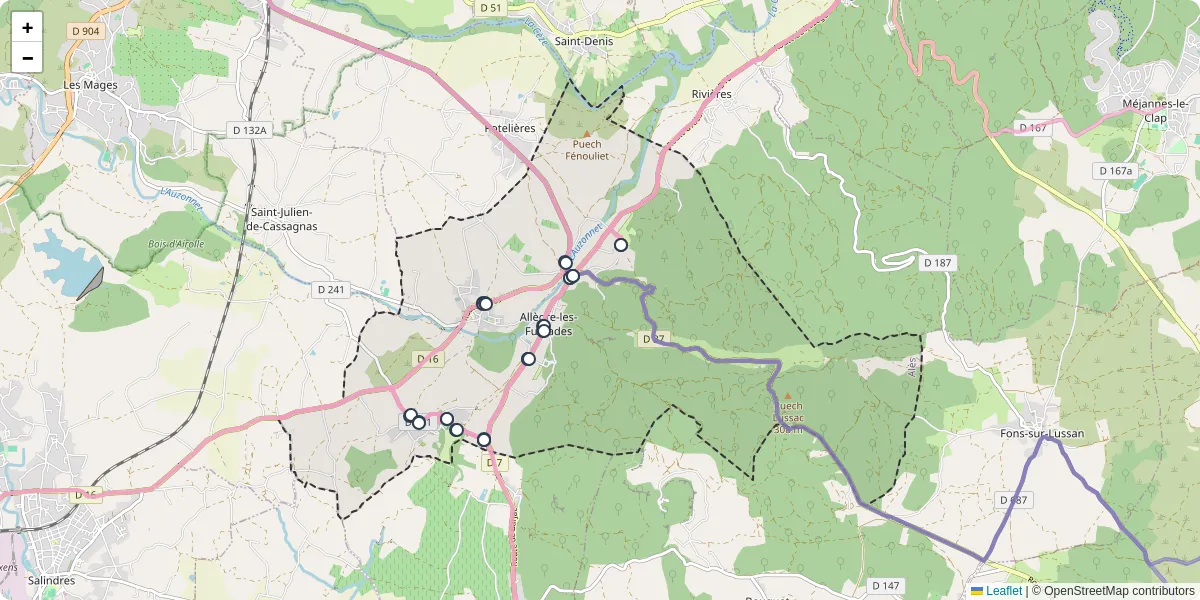 Carte du réseau de transport en commun à Allègre-les-Fumades - lignes de bus et arrêts