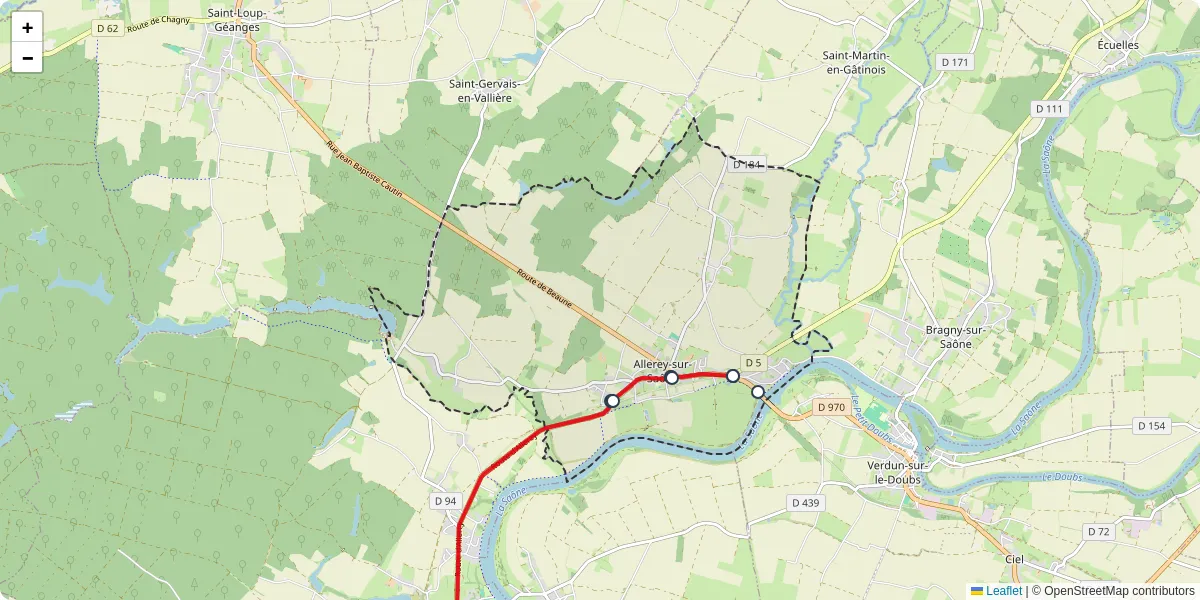 Carte du réseau de transport en commun à Allerey-sur-Saône - lignes de bus et arrêts