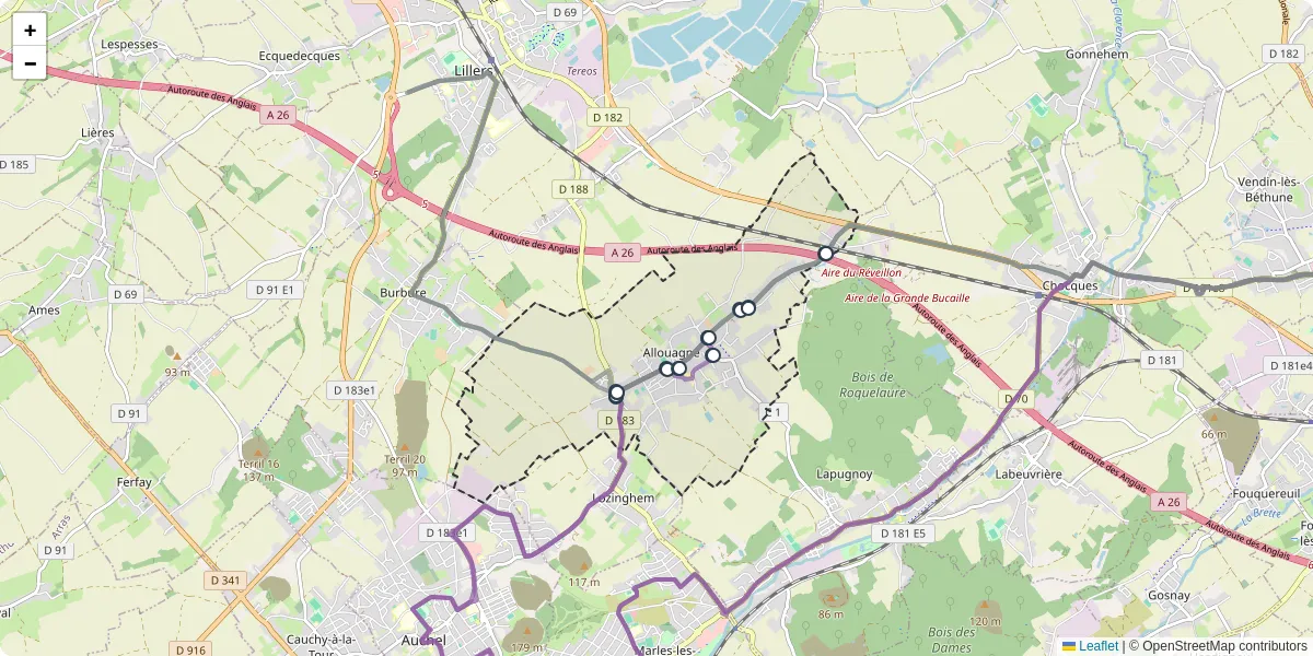 Carte du réseau de transport en commun à Allouagne - lignes de bus et arrêts