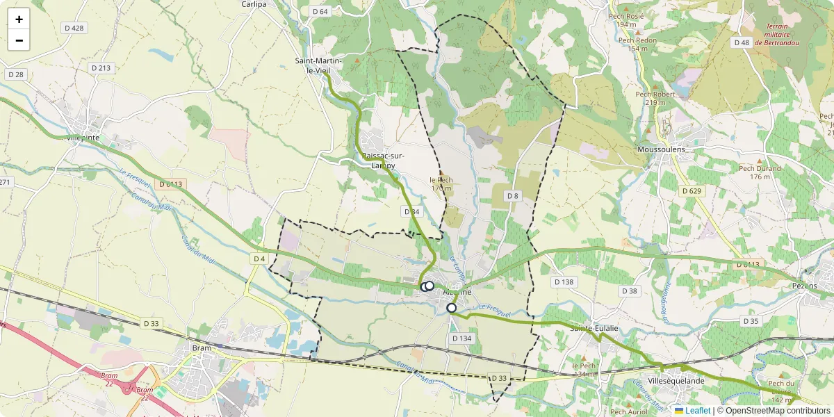 Carte du réseau de transport en commun à Alzonne - lignes de bus et arrêts