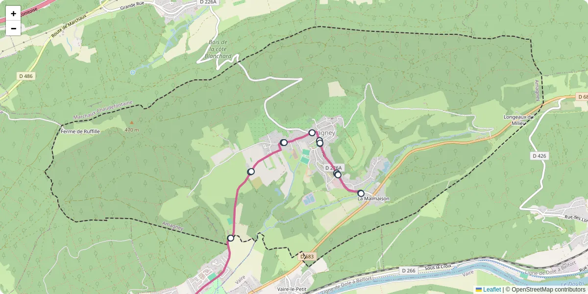 Carte du réseau de transport en commun à Amagney - lignes de bus et arrêts