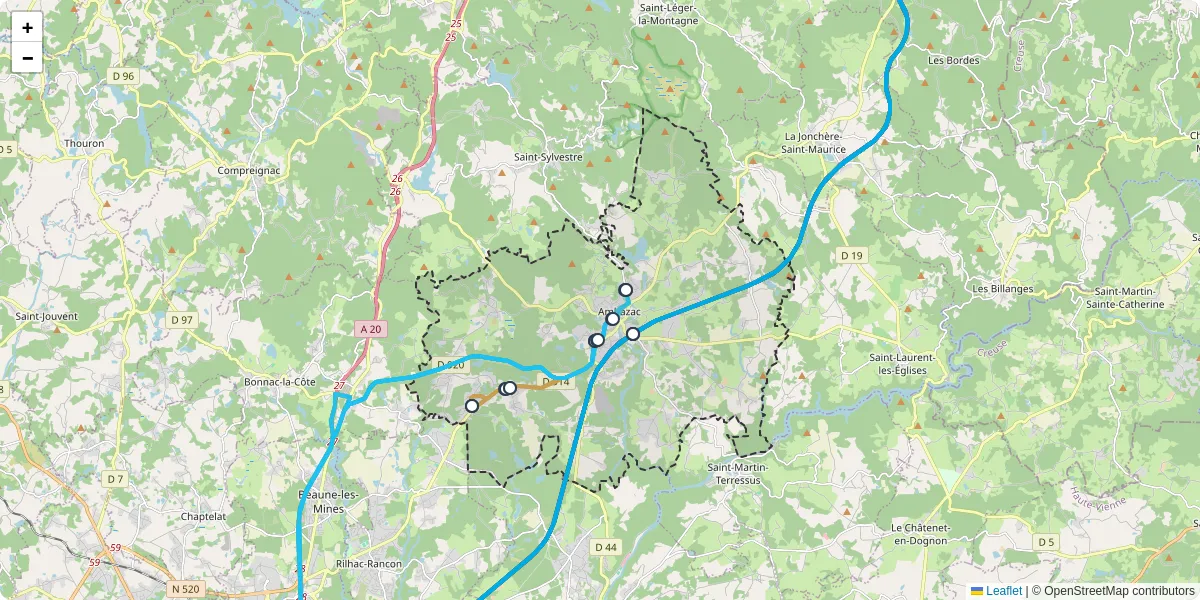 Carte du réseau de transport en commun à Ambazac - lignes de bus et arrêts