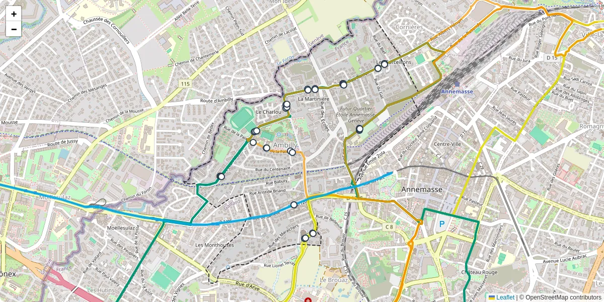 Carte du réseau de transport en commun à Ambilly - lignes de bus et arrêts