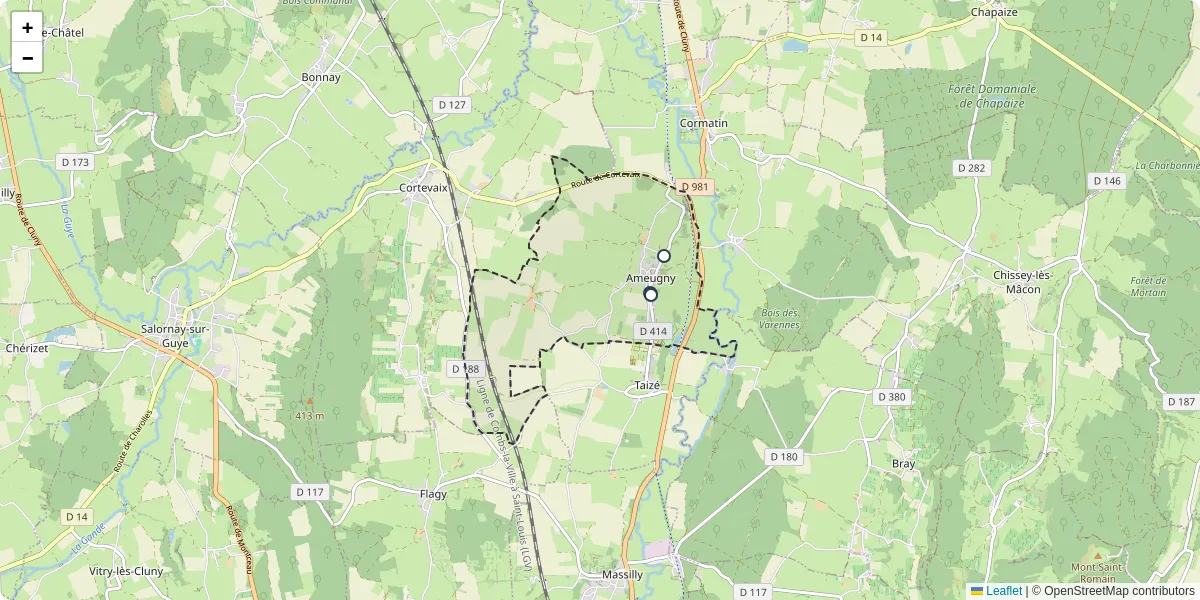 Carte du réseau de transport en commun à Ameugny - lignes de bus et arrêts