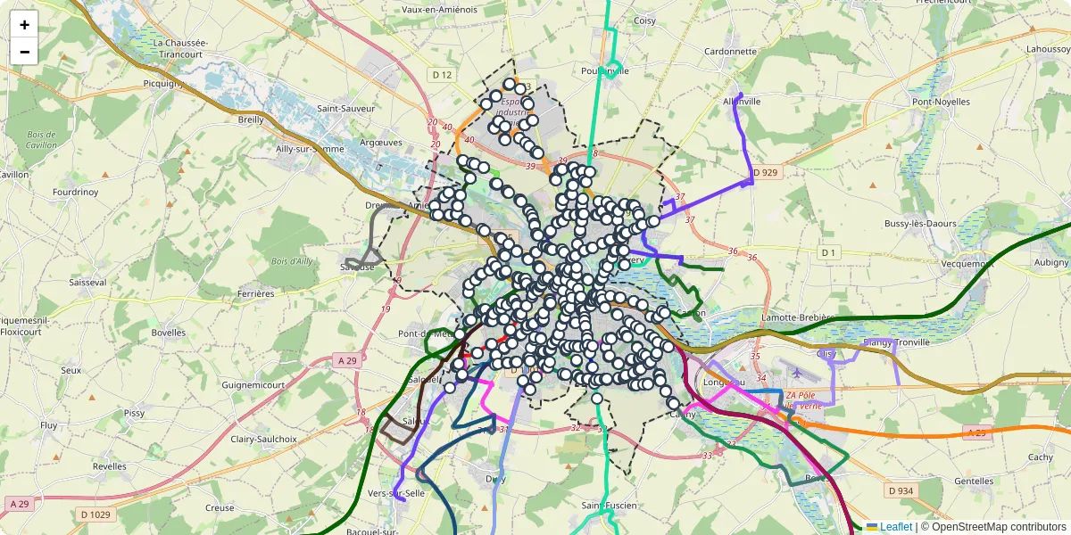 Carte du réseau de transport en commun à Amiens - lignes de bus et arrêts