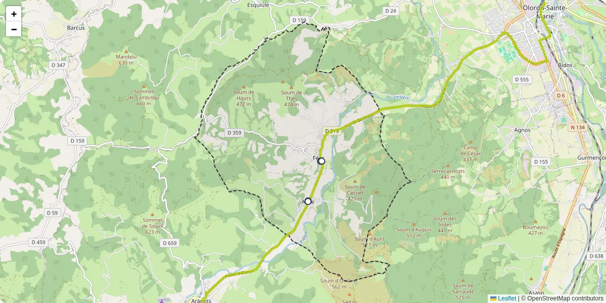 Carte du réseau de transport en commun à Ance-Féas - lignes de bus et arrêts