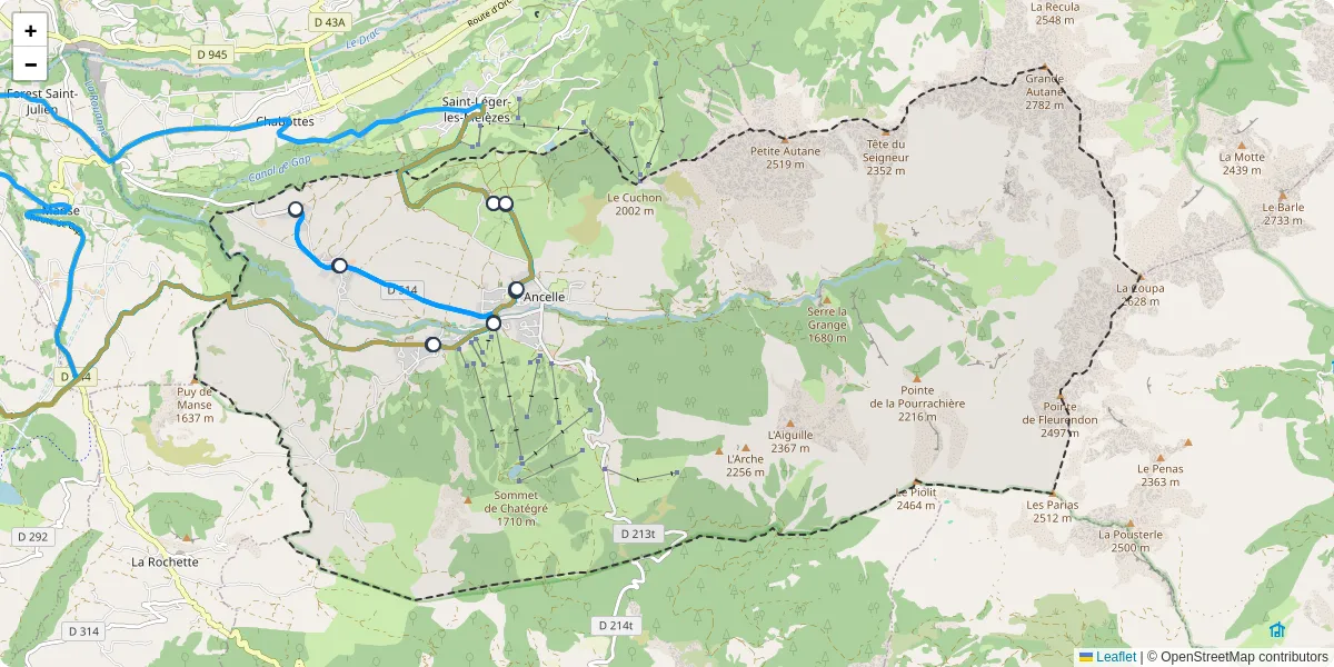 Carte du réseau de transport en commun à Ancelle - lignes de bus et arrêts