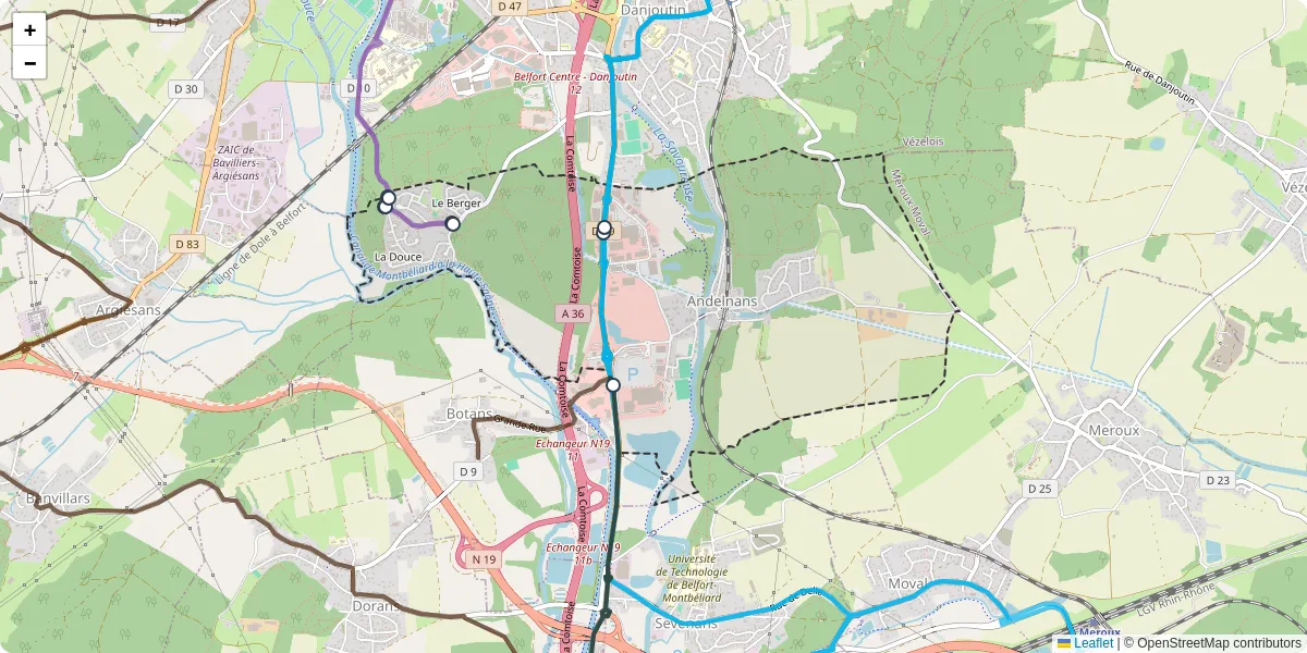 Carte du réseau de transport en commun à Andelnans - lignes de bus et arrêts
