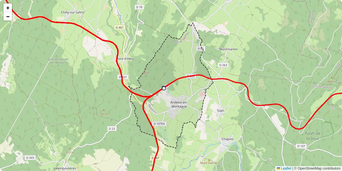 Carte du réseau de transport en commun à Andelot-en-Montagne - lignes de bus et arrêts